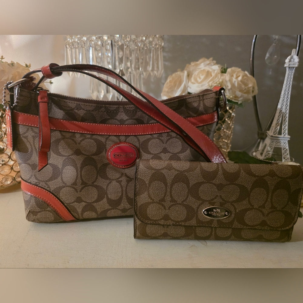 Coach Brown and Coral Signature Bag Set